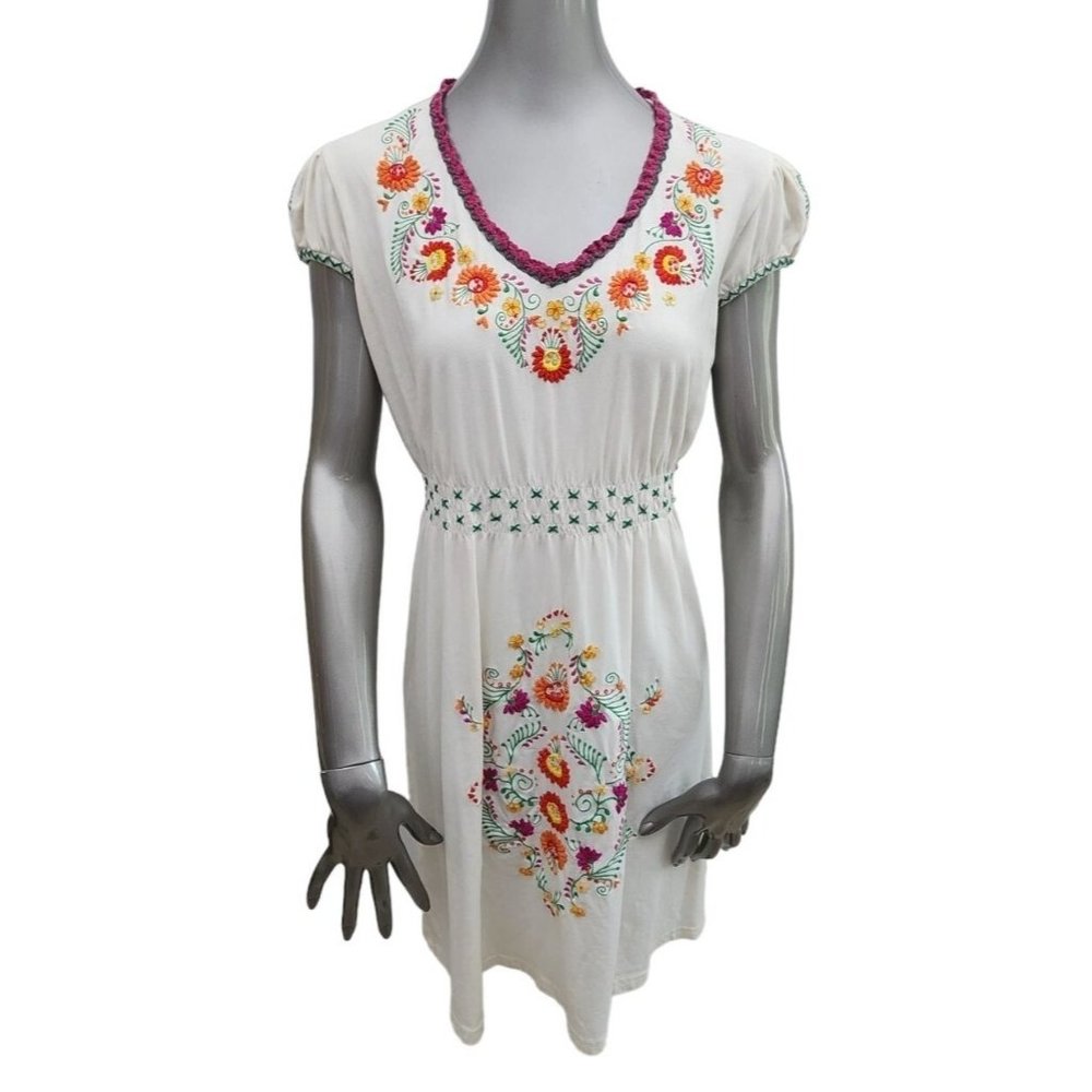 Double D Ranch Embroidered Dress Jeweled Sequin Floral Ivory Extra Small XS